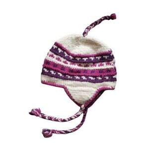 Avatar 100% Wool Knit Hat with Earflaps Fleece Lined Made in Nepal Pink Purple